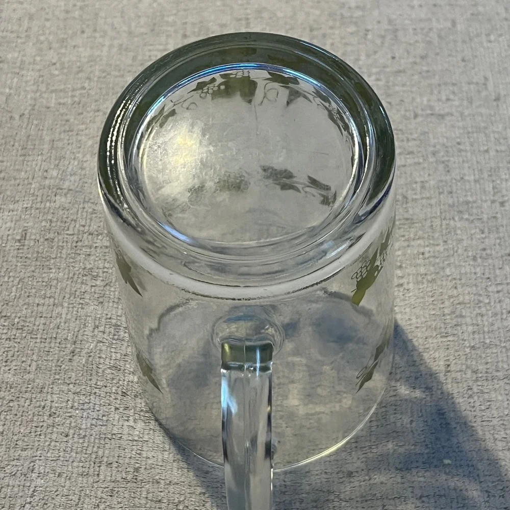 Vintage Clear Glass Pitcher Olive Green Grapevine Leaf Pattern Mid Century Style